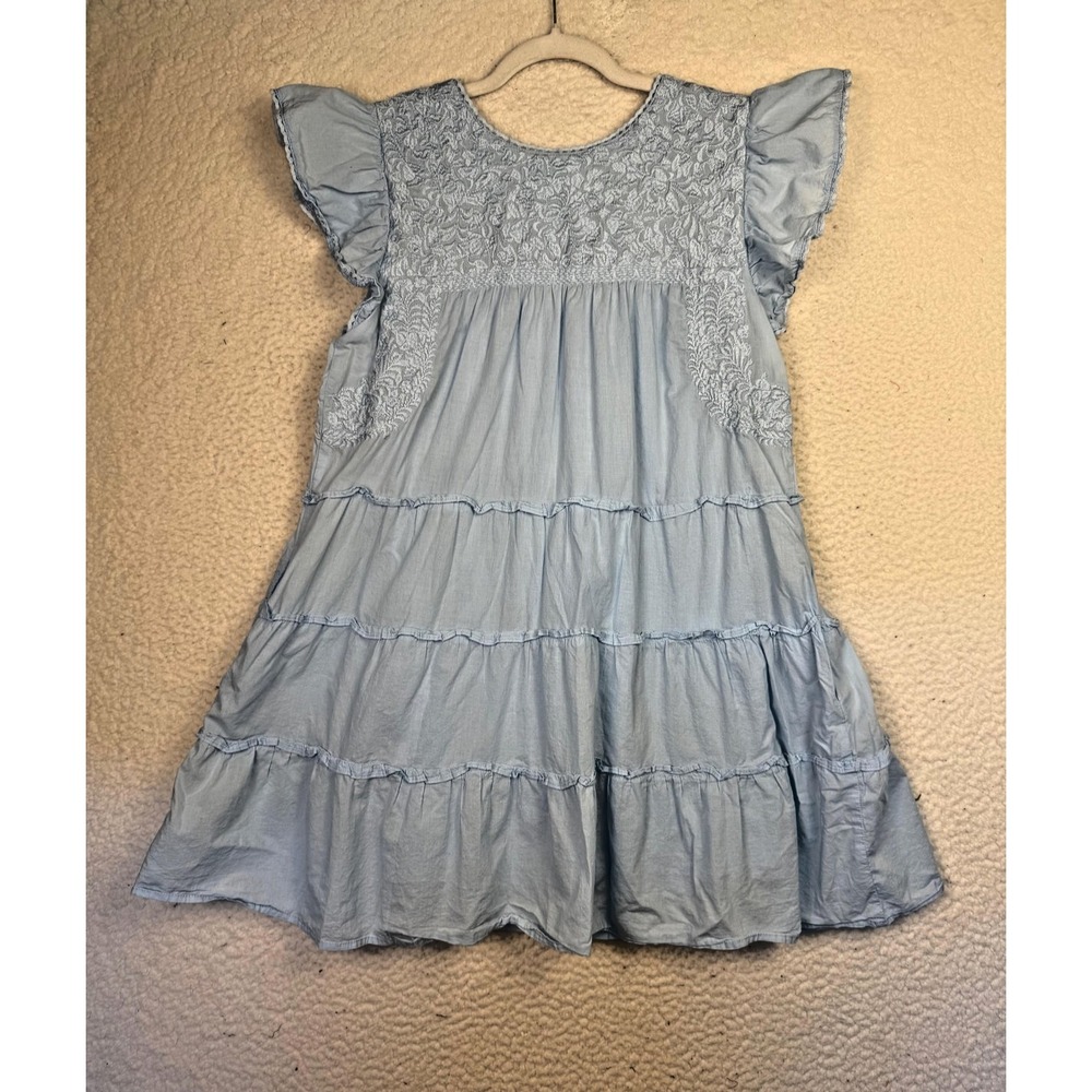 J. Marie Dress Womens Medium Blue Embroidered Babydoll Tiered Ruffle Cottagecore
